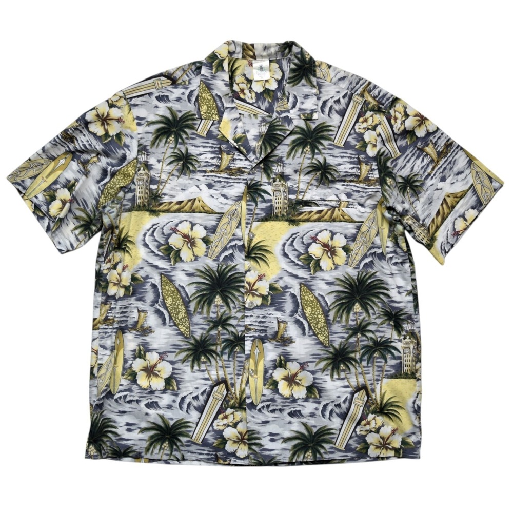 Vintage Royal Creations Hawaiian Shirt Men XL Aloha Palm Tree Hibiscus Surfboard